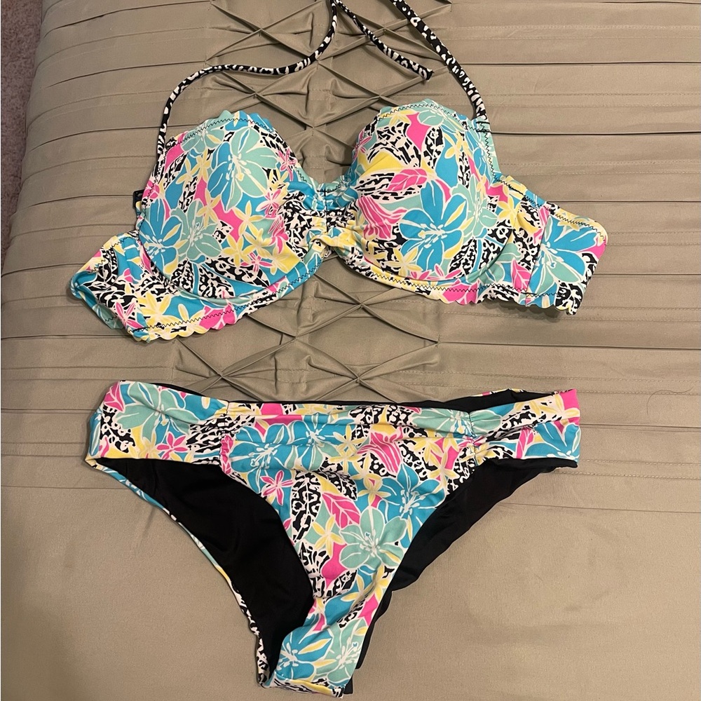 Coco Rave 🏝 Tropical Floral Bikini Top Cinched Ruffle Bottoms ☀️⛱ 36 cup/medium